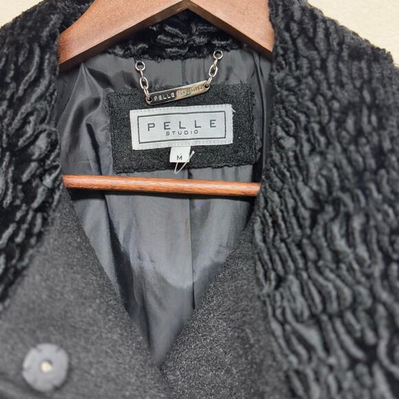 Pelle Studio Wool Blend Belted Coat Black Faux Fur Trim Sz M - Picture 7 of 7